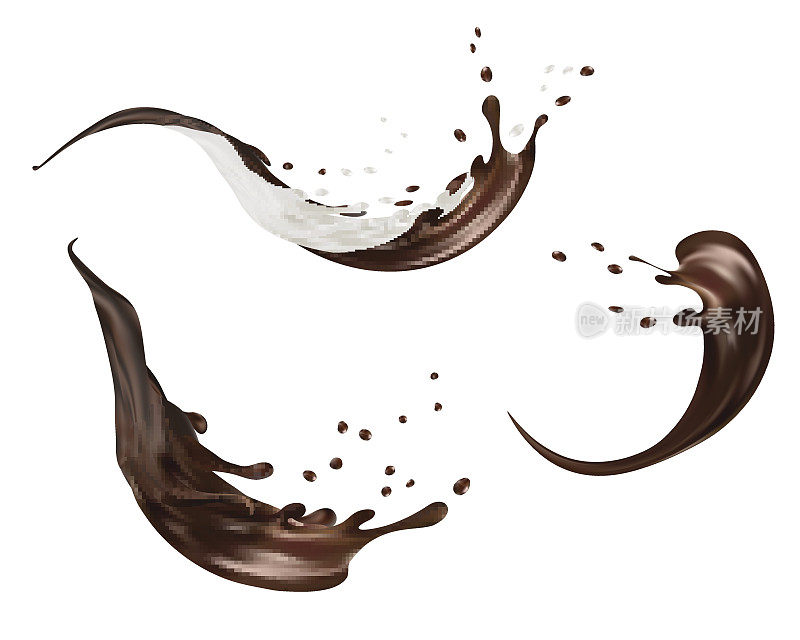牛奶和巧克力飞溅矢量隔离在白色背景。倒出的液体或奶昔带有斑点。3 d演示。